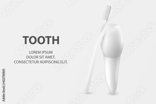 Vector 3d Realistic Toothbrush and Tooth Closeup Isolated on White Background. Medical Dentist Illustration. Design Template, Clipart, Mockup. Dental Health Concept