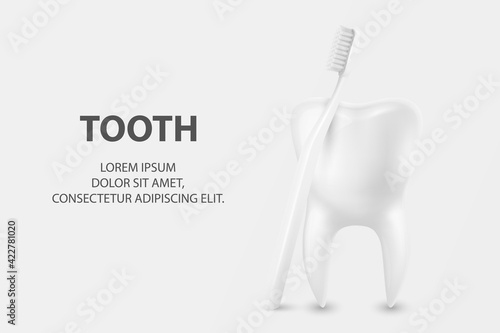 Vector 3d Realistic Toothbrush and Tooth Closeup Isolated on White Background. Medical Dentist Illustration. Design Template, Clipart, Mockup. Dental Health Concept