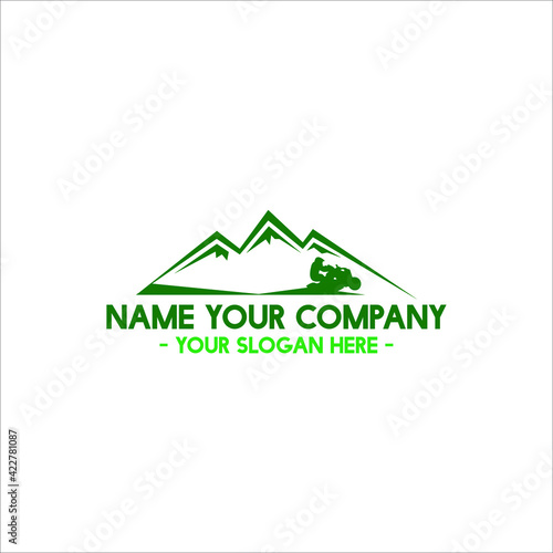green eco mountain with atv vehicle silhouette simple logo design 