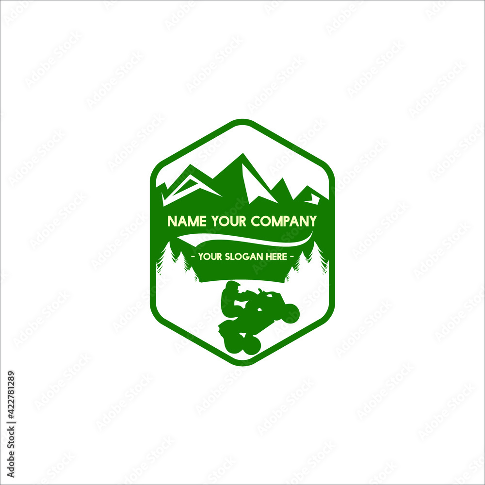 green eco mountain with atv vehicle silhouette simple logo design green eco mountain with atv vehicle silhouette simple logo design
