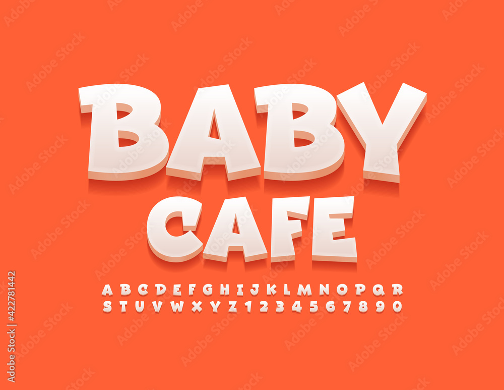 Vector cute emblem Baby Cafe. Kids 3D Font. Artistic Alphabet Letters and Numbers set