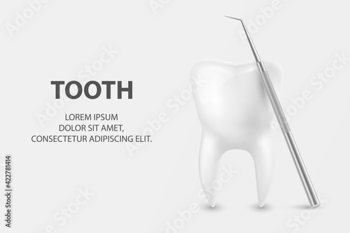 Vector 3d Realistic Tooth and Dental Probe for Teeth Closeup on White Background. Medical Dentist Tool. Design Template, Clipart, Mockup. Dentistry, Healthcare, Hygiene Concept