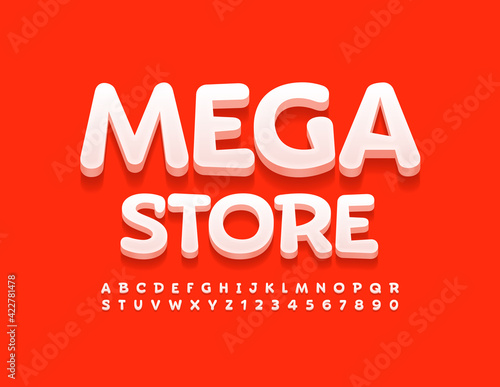 Vector modern banner Mega Store. Creative style Font. White Alphabet Letters and Numbers set