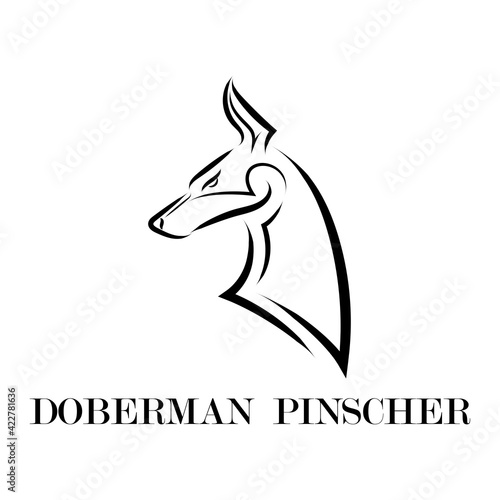 Black and white line art of Doberman Pinscher dog head. Good use for symbol, mascot, icon, avatar, tattoo, T Shirt design, logo or any design you want.
