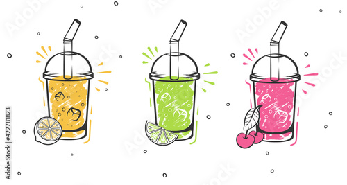 Sketch smoothie. Healthy superfood, glass of fruit and berries smoothies and slised natural fruits hand drawn. Superfoods and health or detox diet food concept in sketch style.
