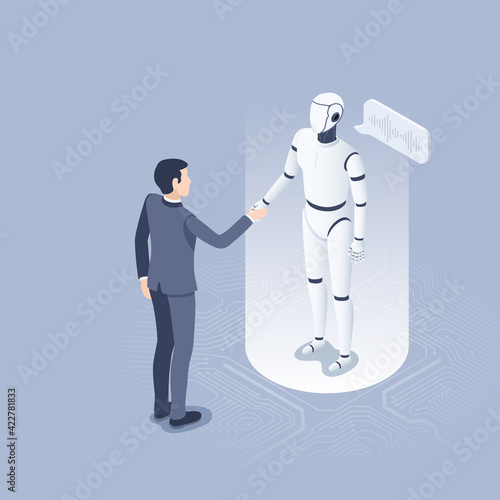 isometric vector illustration on gray background, man and robot making handshake, future technologies and artificial intelligence development