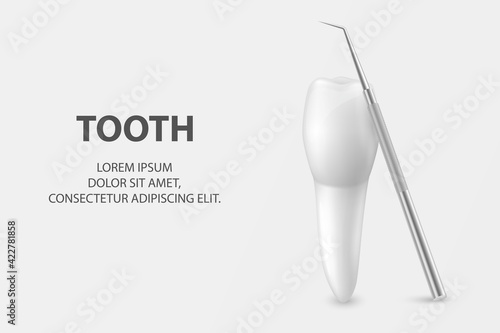 Vector 3d Realistic Tooth and Dental Probe for Teeth Closeup on White Background. Medical Dentist Tool. Design Template, Clipart, Mockup. Dentistry, Healthcare, Hygiene Concept