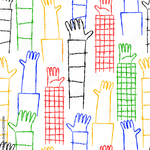 Diverse colorful hand raised up seamless pattern