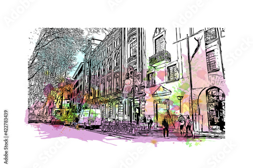 Building view with landmark of Palma is a resort city and capital of the Spain. Watercolour splash with hand drawn sketch illustration in vector.