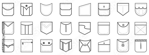Patch Pocket vector illustration. Icon line button. Black and white set for shirts, jeans