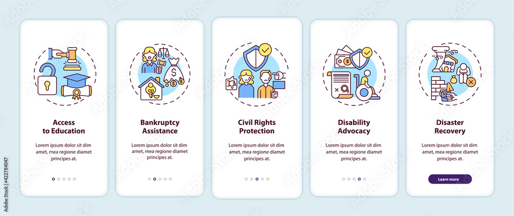 Legal services types onboarding mobile app page screen with concepts. Access to education walkthrough 5 steps graphic instructions. UI, UX, GUI vector template with linear color illustrations
