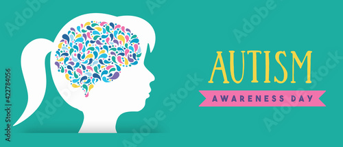 Autism awareness day girl head color brain banner