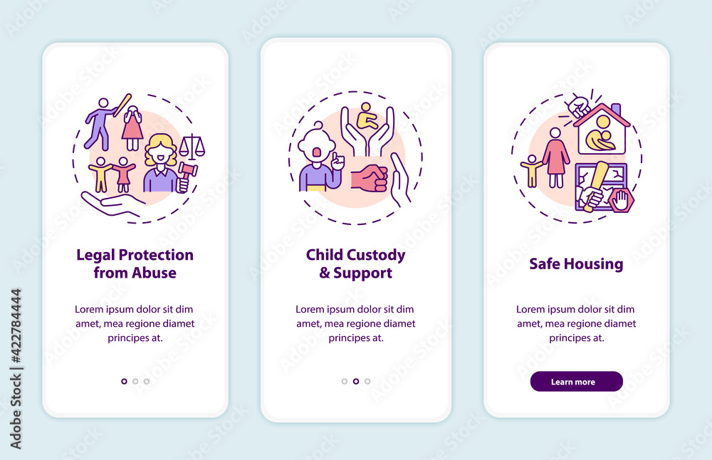 Domestic violence survivors support onboarding mobile app page screen