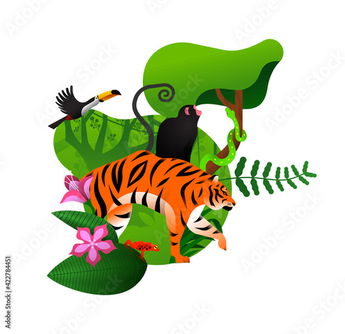 Wild jungle animal tiger monkey isolated concept