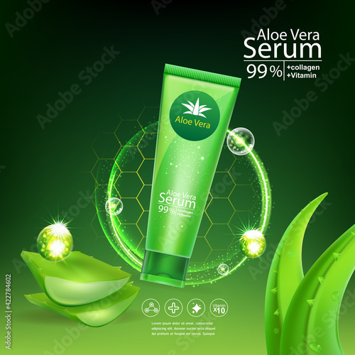 Aloe Vera Serum and Collagen Natural Extracts Vitamin for Skin Care Cosmetic Background Vector Concept .
