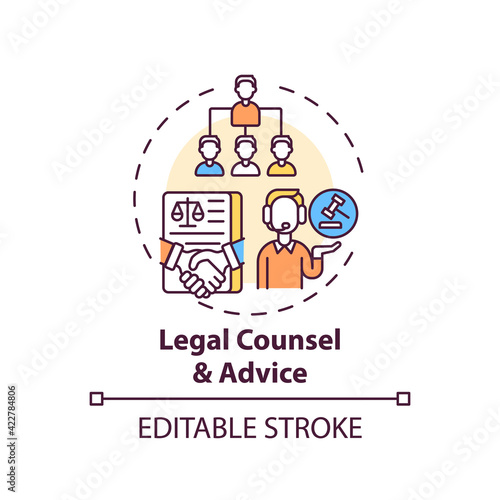 Legal counsel and advice concept icon. Legal services categories. Provides timely legal counsel and advice idea thin line illustration. Vector isolated outline RGB color drawing. Editable stroke