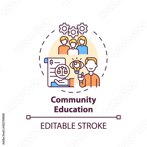 Community education concept icon. Legal services categories. Community education in regard to responsibilities idea thin line illustration. Vector isolated outline RGB color drawing. Editable stroke