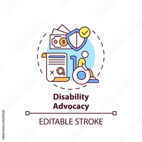 Disability advocacy concept icon. Legal services types. Protect human rights of people with disability idea thin line illustration. Vector isolated outline RGB color drawing. Editable stroke