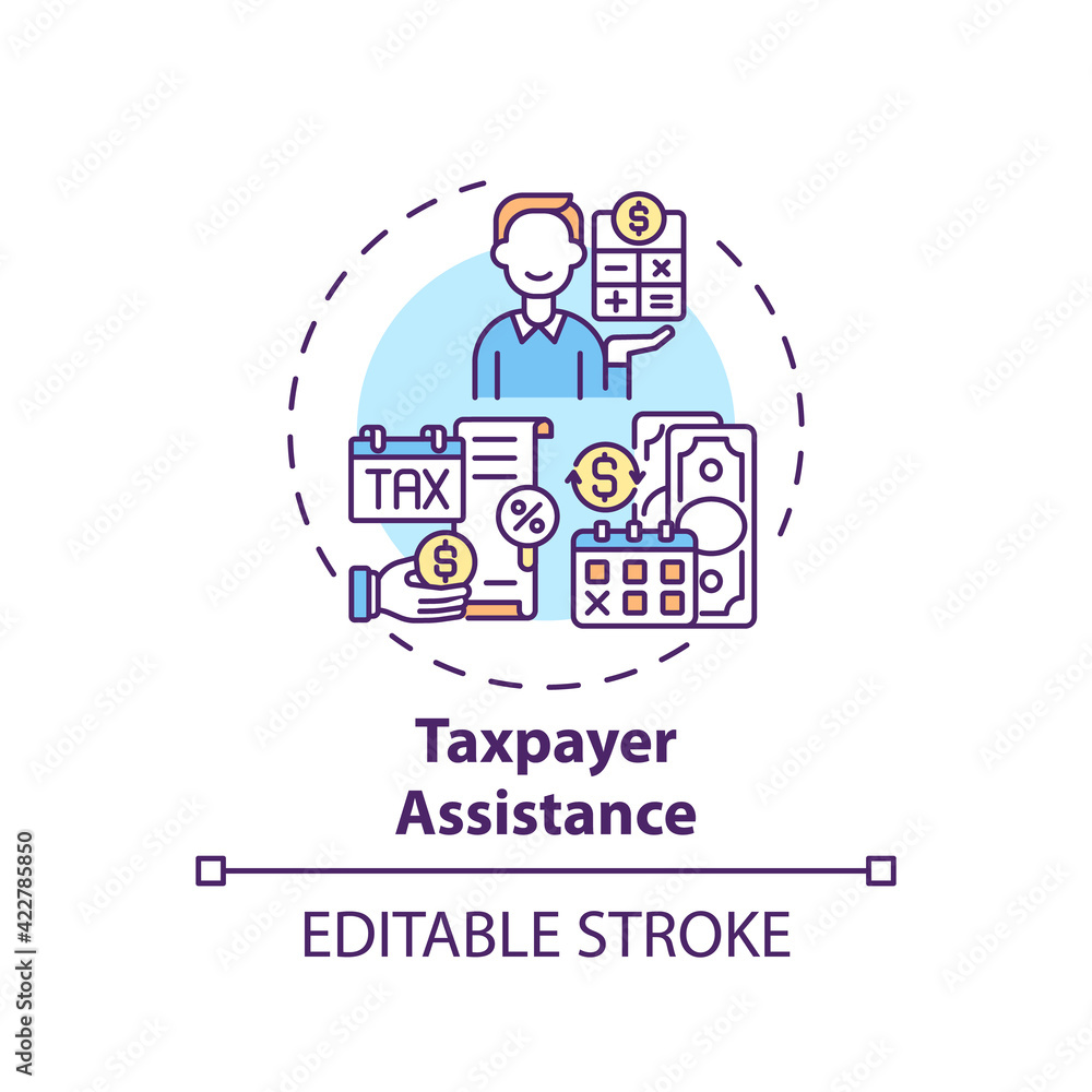 Taxpayer assistance concept icon. Legal services types. Helping to pay taxes to your country idea thin line illustration. Vector isolated outline RGB color drawing. Editable stroke