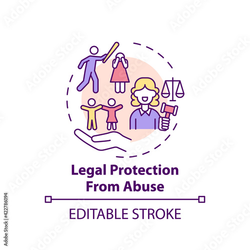 Legal protection from abuse concept icon. Domestic violence survivors support. Rules to grant people rights idea thin line illustration. Vector isolated outline RGB color drawing. Editable stroke