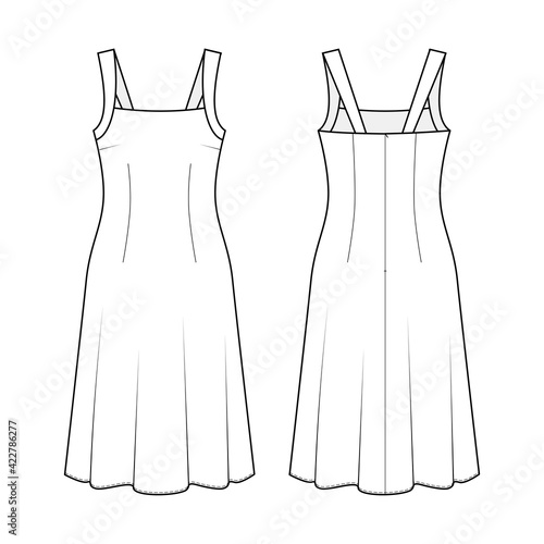 Fashion technical drawing of sleeveless square-neck  dress 