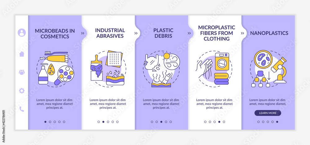 Microplastics sources onboarding vector template. Responsive mobile website with icons. Web page walkthrough 5 step screens. Industrial abrasives color concept with linear illustrations