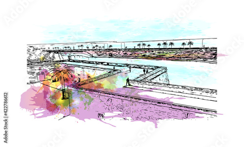Building view with landmark of Palma is a resort city and capital of the Spain. Watercolour splash with hand drawn sketch illustration in vector.