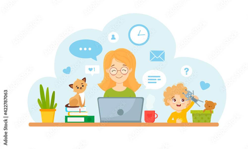  Woman working on laptop from home with kid in cozy modern interior. Freelance, online studying, remote work