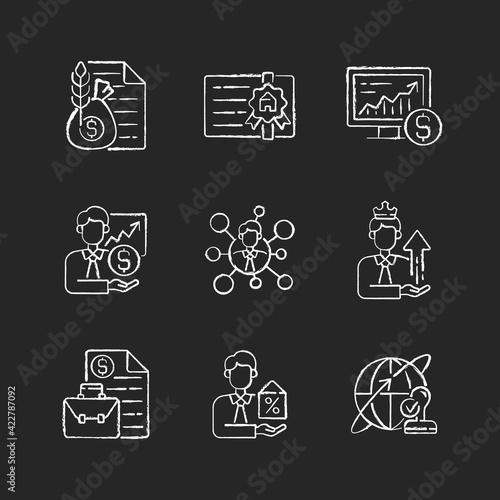 Financial advisor chalk white icons set on black background. Commodity broker services. Professional license. Online stock trading. Business contract. Isolated vector chalkboard illustrations