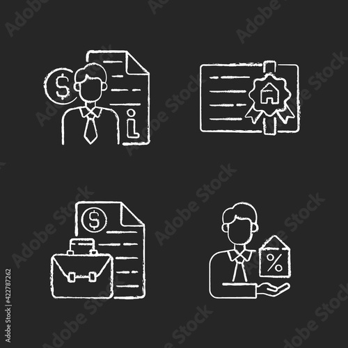 Broker chalk white icons set on black background. Finance advisor consultation. Broker license. Business management, contract deals. Intermediary services. Isolated vector chalkboard illustrations