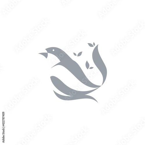 Modern Grayscale Bird And Leaves Brand Identity Vector Illustration