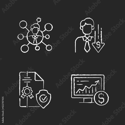 Brokerage service chalk white icons set on black background. Broker connection. Discount, financial recession. Intellectual property. Online stock trading. Isolated vector chalkboard illustrations