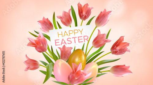 Easter background with realistic pink tulips and Easter eggs. Composition of flowers and leaves tulips with paper card with inscription Happy Easter. Vector illustration