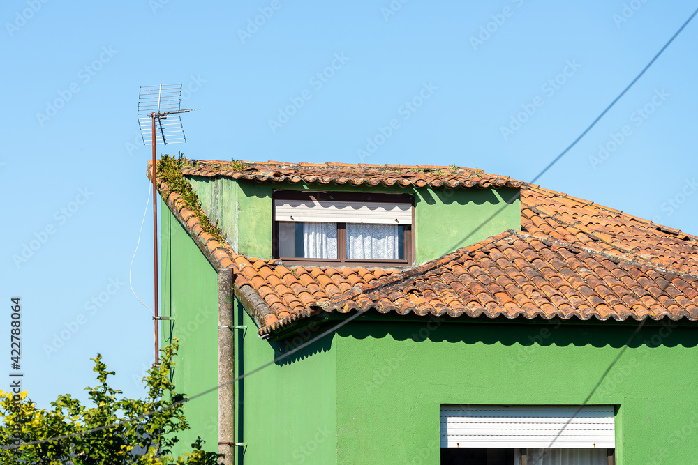 top of a green facade with TV close up