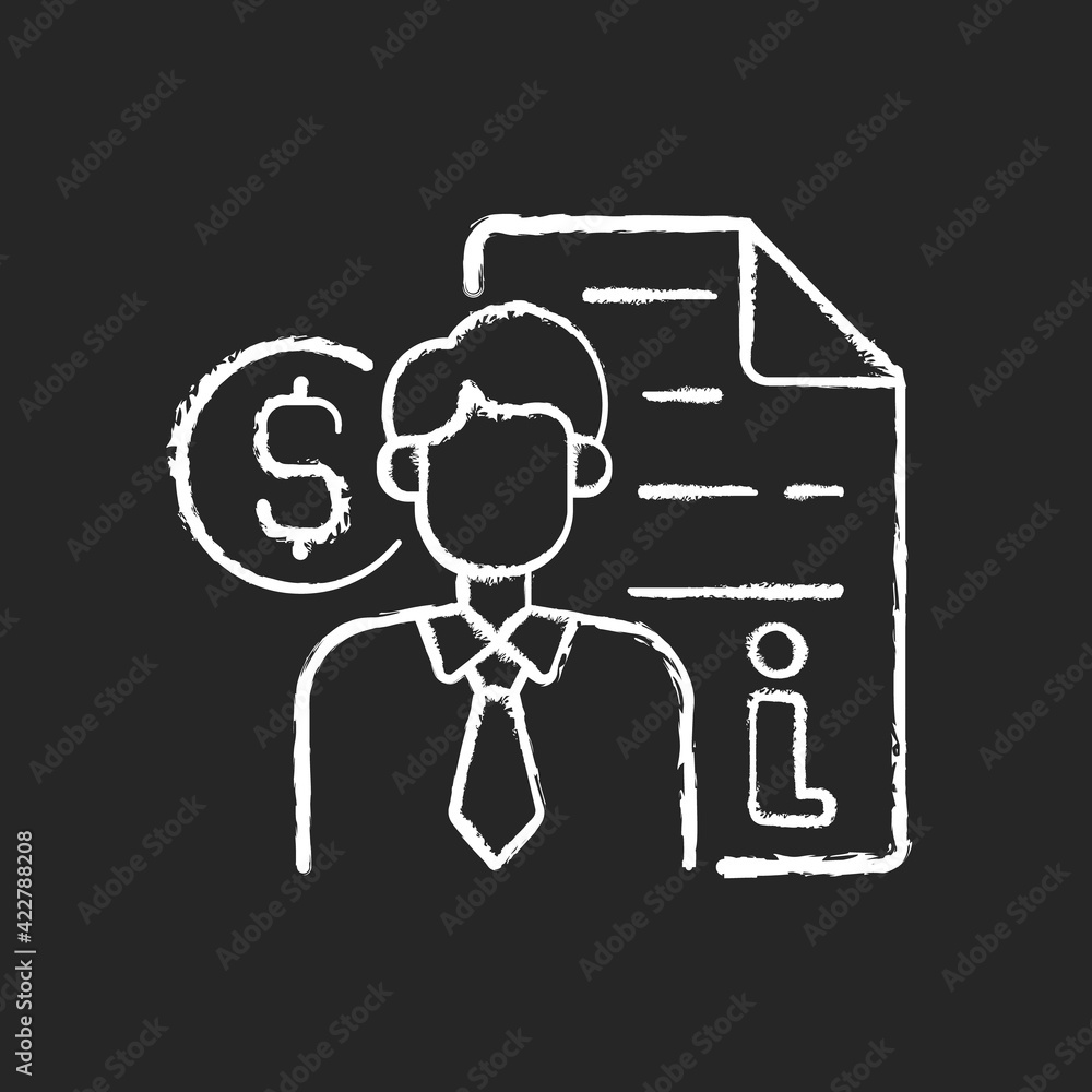 Broker consultation chalk white icon on black background. Intermediary and brokerage services. Planning for businessman. Commission of financial consultant. Isolated vector chalkboard illustration Broker consultation chalk white icon on black background. Intermediary and brokerage services. Planning for businessman. Commission of financial consultant. Isolated vector chalkboard illustration