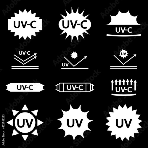 UV sterilization stamp. Protection from uv-c radiation. Badge set for ultraviolet sterilization. Ultraviolet germicidal irradiation. Surface cleaning, medical decontamination procedure