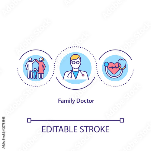 Family doctor concept icon. Special medical help for all members of family. Treating diseases idea thin line illustration. Vector isolated outline RGB color drawing. Editable stroke