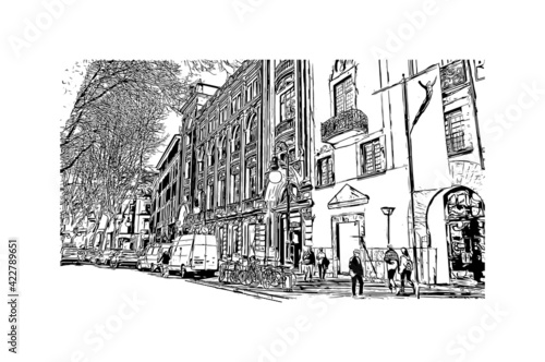 Building view with landmark of Palma is a resort city and capital of the Spain. Hand drawn sketch illustration in vector.