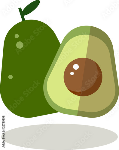 Flat vector avocado half  with a seed and avocado vegetable flying in the air. Organic food isolated on white. Cartoon style for design, icon, logo, squeezed juice, diet food menu.