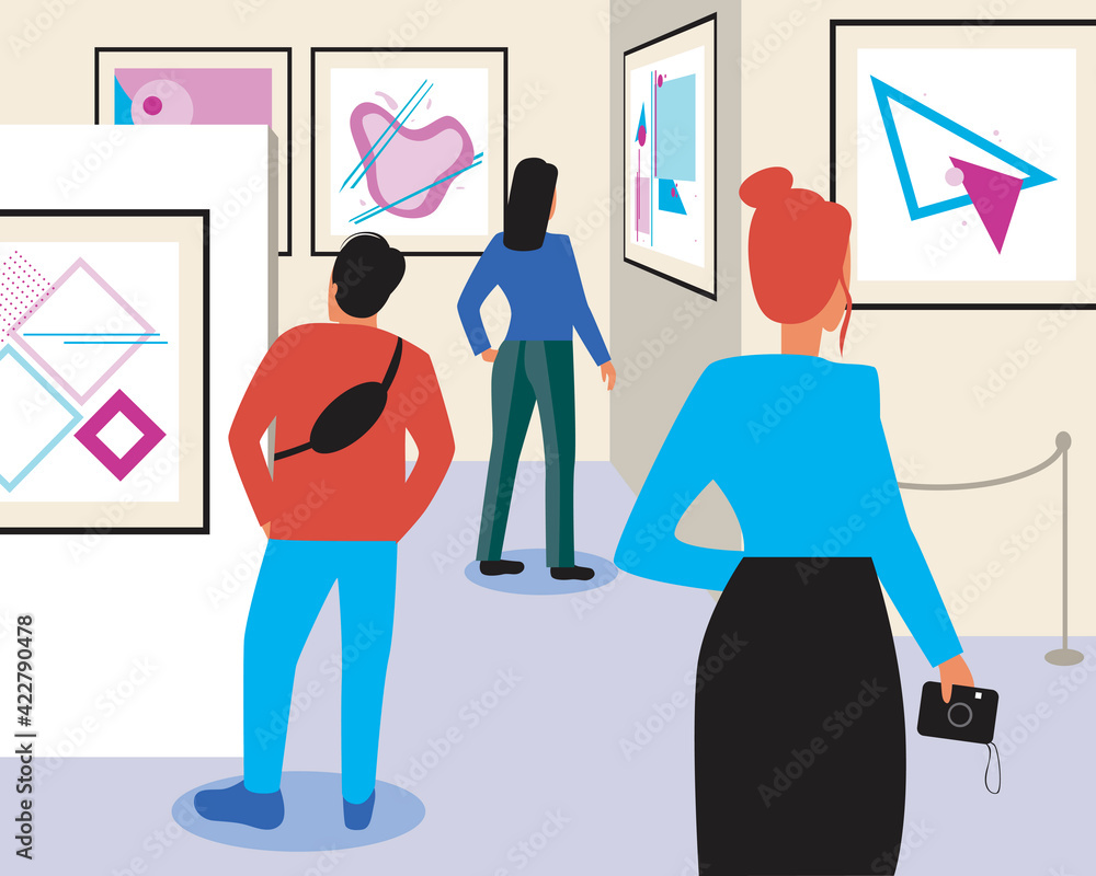 Tourists at an exhibition of contemporary art, flat vector stock illustration as a concept of abstract paintings in an art gallery or museum Tourists at an exhibition of contemporary art, flat vector stock illustration as a concept of abstract paintings in an art gallery or museum
