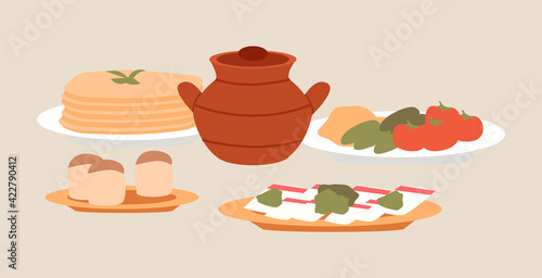 Ukrainian cuisine dishes vector illustration. Local food emblem. Lard, borscht and pancakes plates