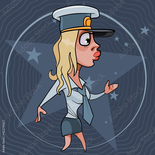 cartoon woman in uniform with a cap on her head looks surprised