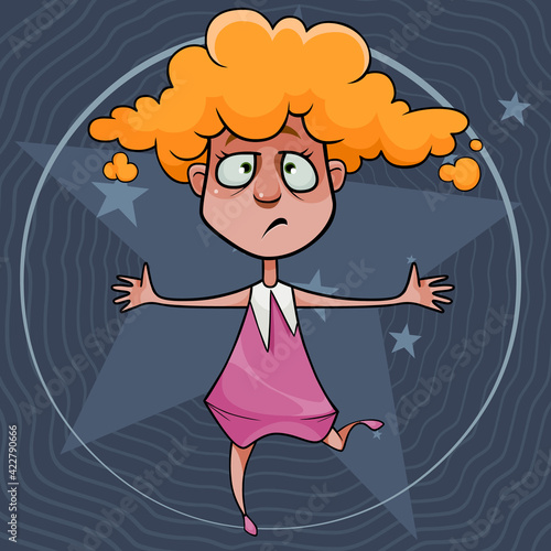 discouraged cartoon girl in a pink dress running with her arms spread wide