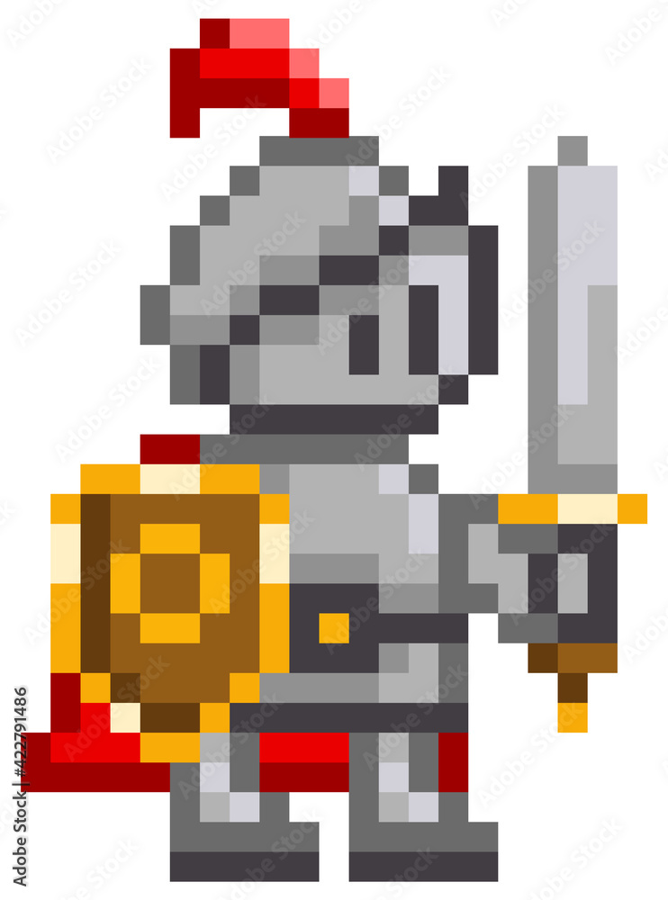 Fototapeta premium Vector pixel-game character. Illustration of pixelated man with shield and sword on white background