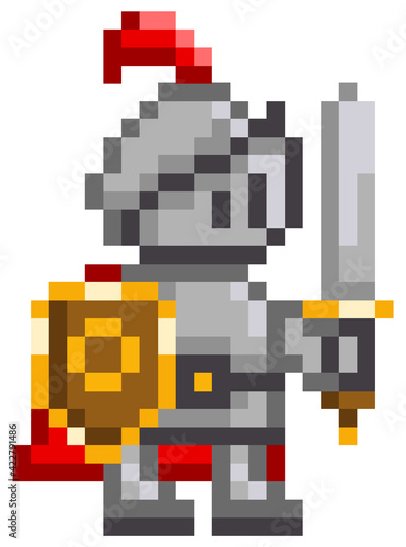 Vector pixel-game character. Illustration of pixelated man with shield and sword on white background