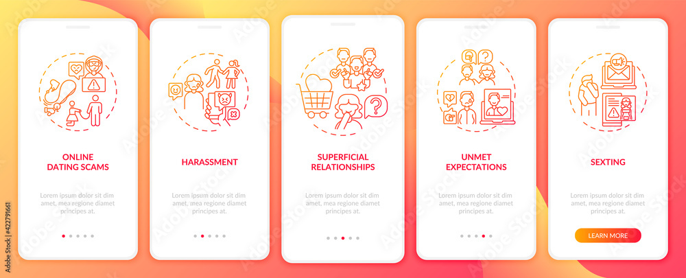 Online dating harassment onboarding mobile app page screen with concepts. Unmet expectation walkthrough 5 steps graphic instructions. UI, UX, GUI vector template with linear color illustrations Online dating harassment onboarding mobile app page screen with concepts. Unmet expectation walkthrough 5 steps graphic instructions. UI, UX, GUI vector template with linear color illustrations