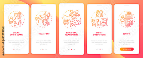Online dating harassment onboarding mobile app page screen with concepts. Unmet expectation walkthrough 5 steps graphic instructions. UI, UX, GUI vector template with linear color illustrations