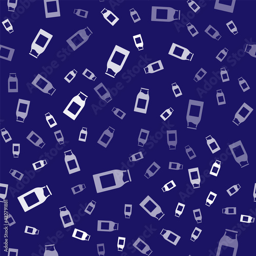 White Closed glass bottle with milk icon isolated seamless pattern on blue background. Vector Illustration