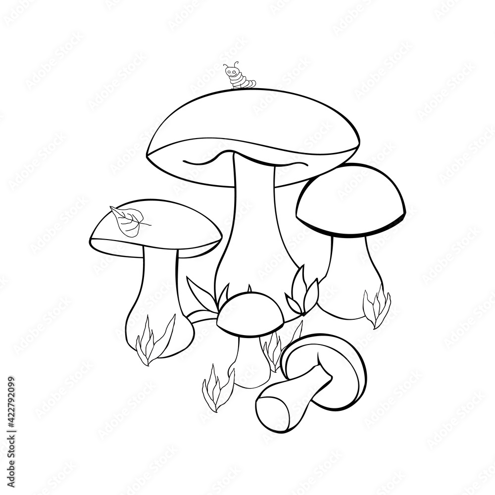 An outline jpeg illustration of mushrooms with a small warm and a tree leave on the caps surrounded with some grass isolated on white background. Designed in black and white for adults and kids An outline jpeg illustration of mushrooms with a small warm and a tree leave on the caps surrounded with some grass isolated on white background. Designed in black and white for adults and kids