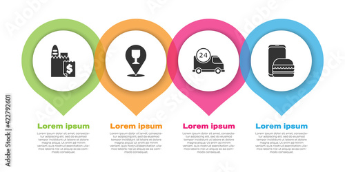 Set Online ordering and delivery, Alcohol or beer bar location, Fast delivery by car and Online ordering and delivery. Business infographic template. Vector